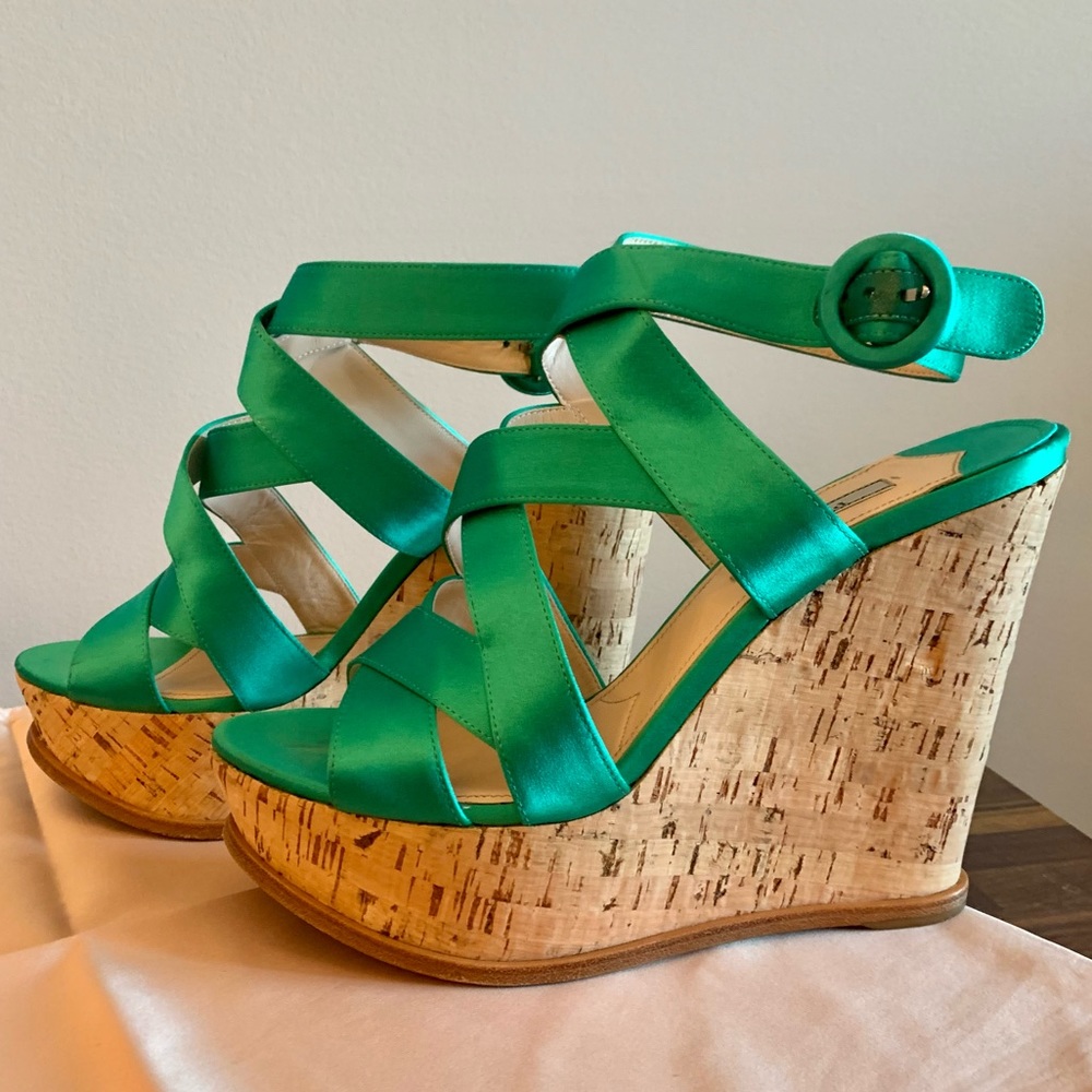 Prada Assenzio (absinthe/emerald green), 40/Size 9, criss cross cork wedge - Picture 7 of 15